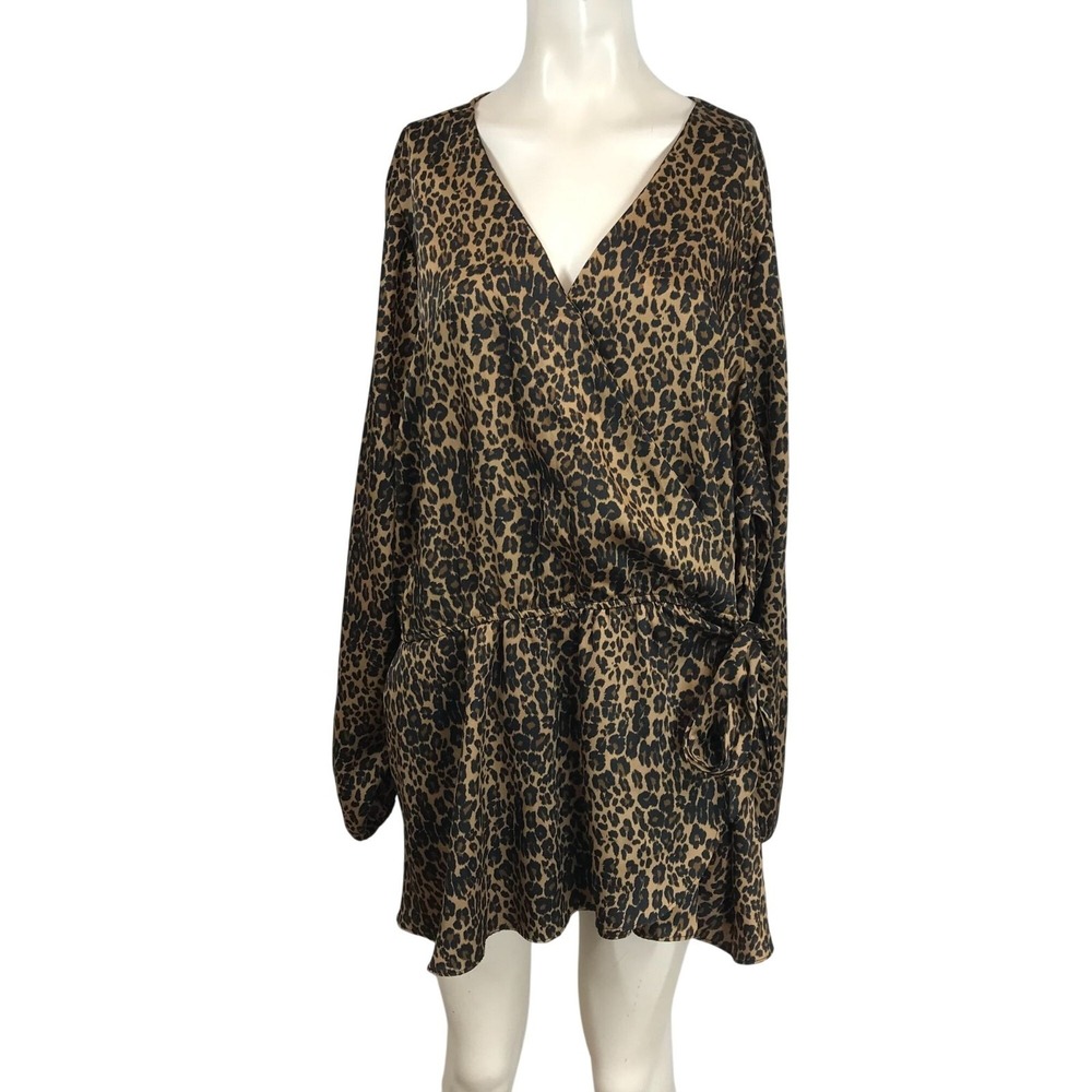 LANE BRYANT - WOMEN'S 24 - BROWN & BLACK ANIMAL PRINT LONG SLEEVE WRAP BLOUSE